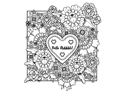 Hello Dribbble! black and white debut fineliner flowers heart illustration illustrator lines monochrome