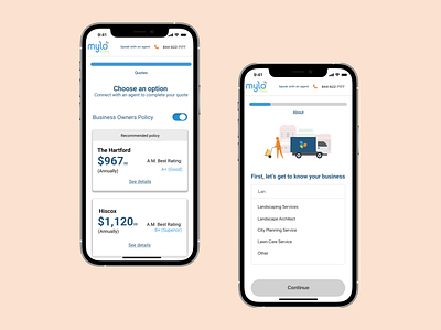 Mobile Business Insurance Shopping Experience design mobile product design ui ux visual design wireframes