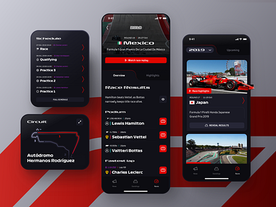 Formula 1 App – Races Exploration automotive cards cars circuit dark mode dark ui driver f1 formula one formula1 ios mobile app motorsport race racing sports ui