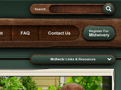 Malachite Midwives - Header - Client Revisions brown burlap green gui menu nav navigation search texture ui wood