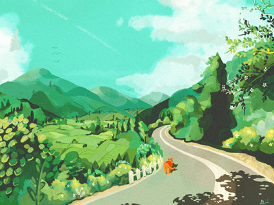 Country Roads art artisul calm cat cool tones countryside illustration landscape mountains photoshop