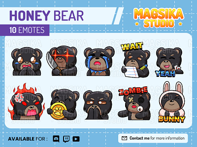 Honey Bear Chibi Emotes, Twitch Emotes, Discord and Chat Emotes anime art bear cartoon chibi emotes collectible commision cute emotes digital discord emotes drawing emotes game graphic design honey bear merchandise pack streamer twitch emotes twitch tv