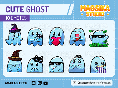 Ghost Chibi Emotes, Twitch Emotes, Discord, and Chat Emotes anime art cartoon chibi chibi emotes collectible commision cute discord discord sticker emotes ghost illustration merchandise pack sticker streamer twitch emotes twitch tv youtube