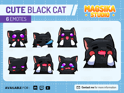 Cute Black Cat Emotes Pack for Twitch, Discord, and Merchandise anime art black cat cartoon cat chibi chibi emotes commision design discord discord emotes emotes ilustration logo merchandise ready to use sticker twitch twitch emotes twitch tv