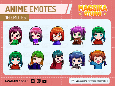 Anime Chibi Emotes, Twitch Emotes, Discord and Chat Emotes anime art bundle cartoon chibi emotes commision design emotes emotes pack graphic design illustration logo twitch emotes