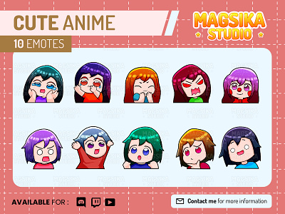 Cute Anime Chibi Emotes, Twitch Emotes, Discord and Chat Emotes anime art bundle cartoon chat emotes chibi commision cute design discord emotes emotes illustration logo mascot pack twitch emotes