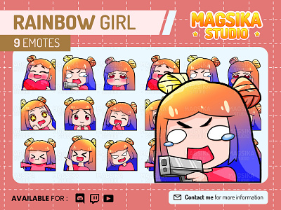 Rainbow Girl Chibi Emotes, Twitch Emotes, Discord and Chat Emote anime bulk cartoon chibi commision design emotes emotes pack girl graphic design hair raibow sticker twitch emotes