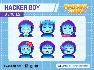 Hacker Boy Emotes, Twitch Emotes, Discord and Chat Emotes anime bjorka cartoon chibi emotes commision computer design discord discord emotes emotes hacker illustration logo scifi tech twitch emotes