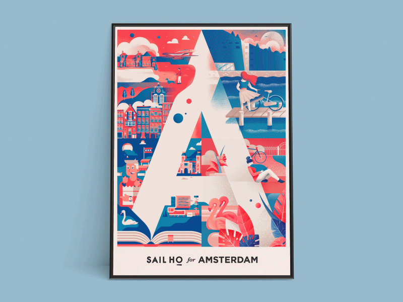 A for Amsterdam 2d 2d animation a amsterdam animated poster animation characters city gif illustration motion design motion graphics poster