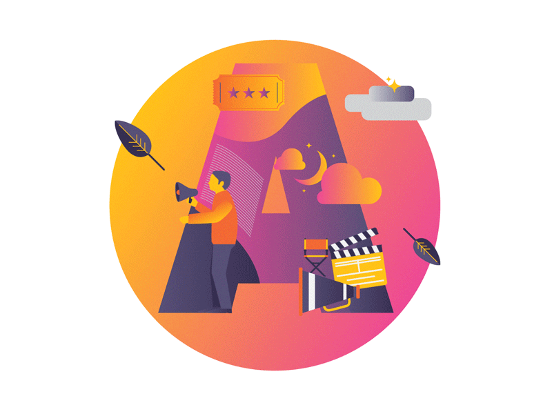 A - Bravo project a animated gif cinema clapperboard director film gradient illustration motion design typo typography