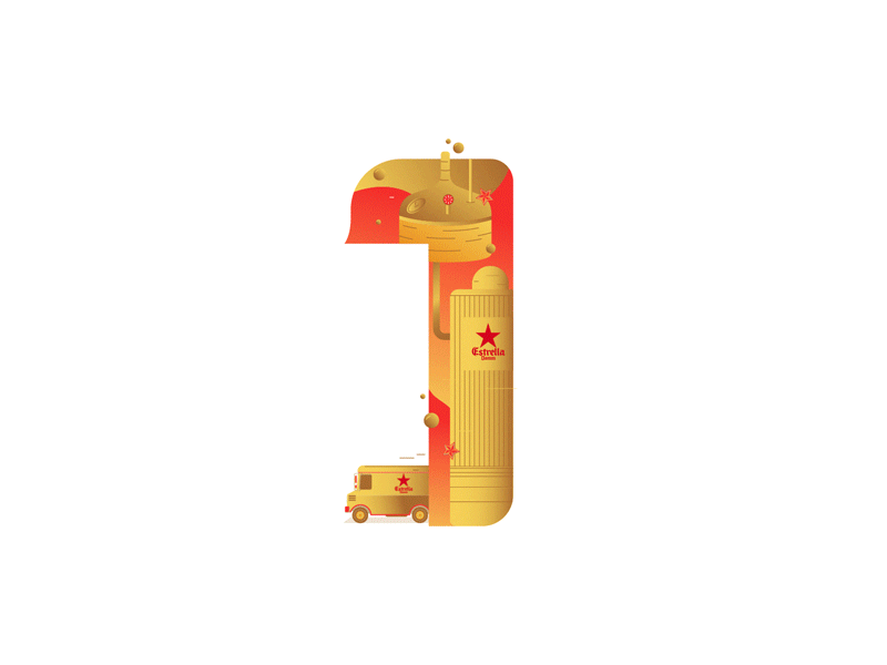 Estrella Damm - 1 1 animated gif beer gold gradient illustration motion design number red silos typography van