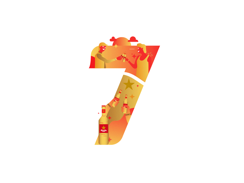Estrella Damm - 7 animated gif beer cheers gold gradient illustration motion design number party red toast typography