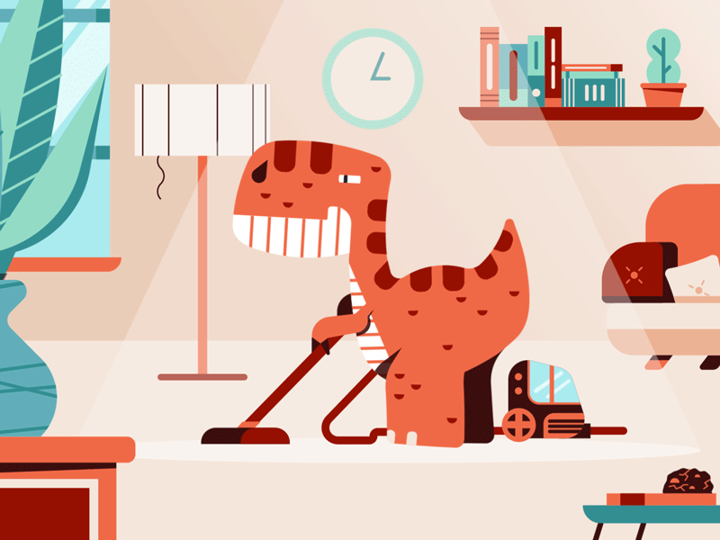 Dyno's cleaning day 2d animation cleaning dyno dynosaur house illustration motion design vector