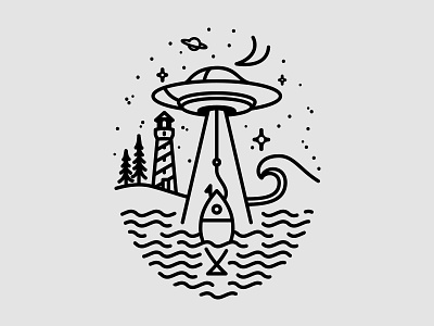 Fishing UFO alien cobretti fish illustration lighthouse lineart linework monoline print ufo
