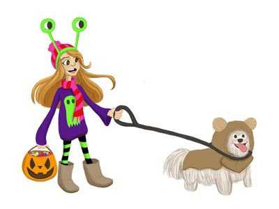 Character Design - Halloween Girl alien character design character illustration childrens market digital painting dogs halloween costumes illustration kids photoshop painting pumpkin