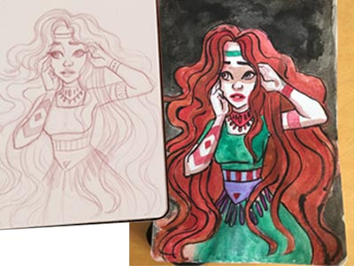 A moment of weakness character design drawing girl girl illustration green illustration red sketch tribal watercolor watercolor sketch