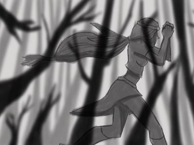 Storyboard Still from North Star Warrior Film blur foreground forest girl girl running grey illustration photoshop running storyboard