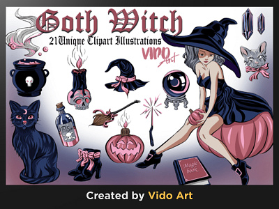 Goth Witch Clipart Bundle cartoon halloween illustration poster