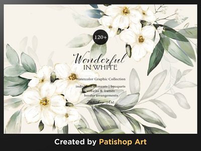 120+ Watercolor White Flowers & Greenery Set