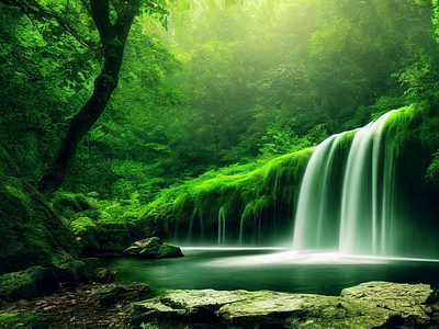 Silent Waterfall 2 3d a.i. ai beautiful forest free green lake landscape midjourney nature plants pretty rocks tree trees water waterfall