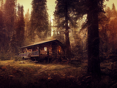 Cabin in the woods 3d a.i. ai beautiful beauty cabin cosy cozy design forest free illustration landscape midjourney nature painting pretty sun trees woods