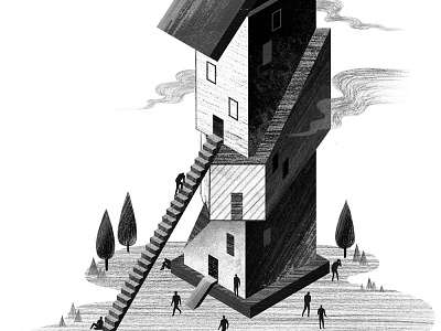 Going up black and white city illustration digital painting drawing illust illustration painting people