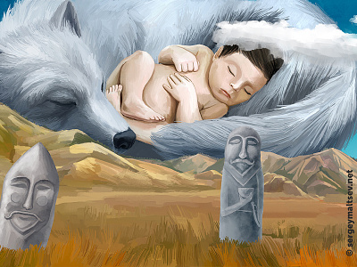 Illustration for the movie "Wolf in the history of the Turks" balbal birth child mountain sleeping steppe stone the turks wolf