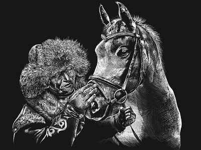Nomad stroking the horse almaty central asia devotion digital drawing friendship graphics horse kazakhstan loyalty man nomad wacom