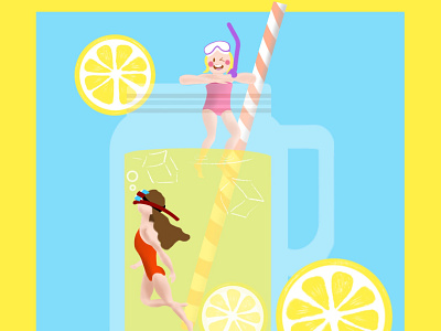 Girls Snorkeling in Lemonade childrens illustration colorful girl girls illustration lemon lemonade snorkeling