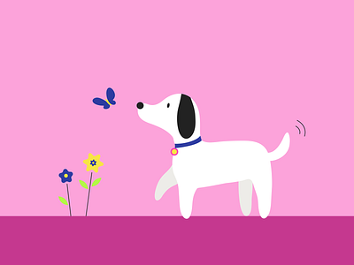 Chasing Butterflies butterfly colorful cute dog flower illustration nature pet playful puppy