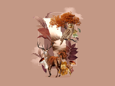 Autumn - Digital Collage animal autumn collage collageart collagevisual decor deer design illustration jesień owl poland poster