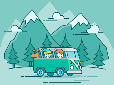 Family Travel adventure bus camper camper van camping children family forest holiday illustration