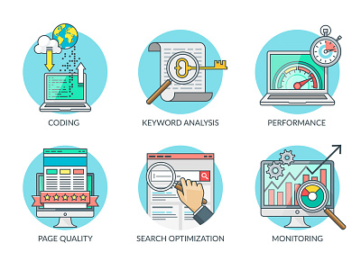 SEO Services Icons concept development icon illustration infographic optimization search seo service set symbol