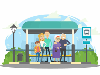 Bus stop bus bus stop family illustration waiting