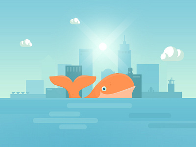 Orange Whale city flat illustration orange sea whale