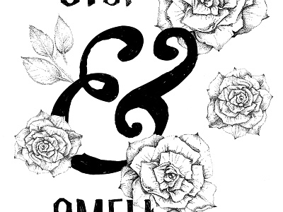 Roses Large black and white flowers hand drawn type illustration pen and ink roses stippling typography