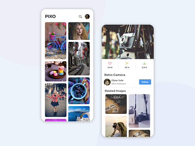 Pixo | Stock Photo Mobile App UI android app clean collection follow grid image image gallery interface design ios landscape layout minimal mobile photo picture stock photo typogaphy ui ux