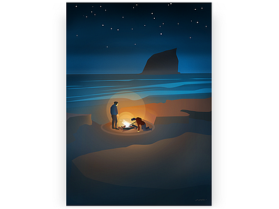 the camp beach brushwork camp digital art drawing fire illustration meditation nature night vector