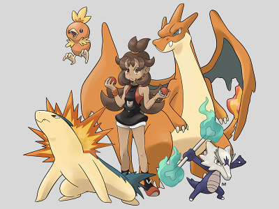 Fire type team characterdesign charizard digital illustration digitalart marowak pokémon pokémonfanart procreate team torchic trainer typhlosion