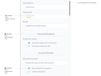 Settings panel visual guidelines