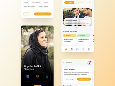 Mobile App for Ministry of Foreign Affairs clean event filters goverment home page home screen homepage interface light design minimal mobile app mobile filters onboarding screens services simple