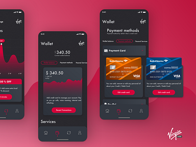 Virgin mobile app design app branding cards clean credit card dark design interface main screen minimal mobile mobile design payment payment method product design ui ui ux ux virgin wallet