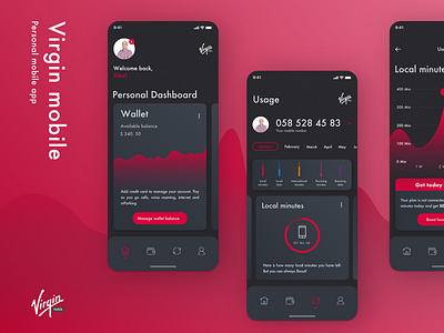 Virgin mobile app branding clean colors dark dark ui dashboad dashboard design dashboard ui data data visualization design interface personal product design ui ui ux usage ux virgin wallet