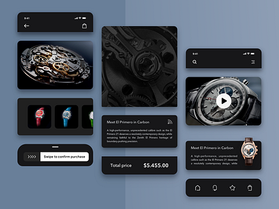 Zenith watches mobile app elements app black branding clean colors concept dark ui design design system interface minimal mobile mobile app mobile ui product design ui ui ux ux watch white