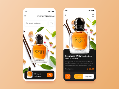Perfume app app armani branding cards clean colors debut design ecommerce interface ios minimal mobile app parfume perfume product product design ui ux white