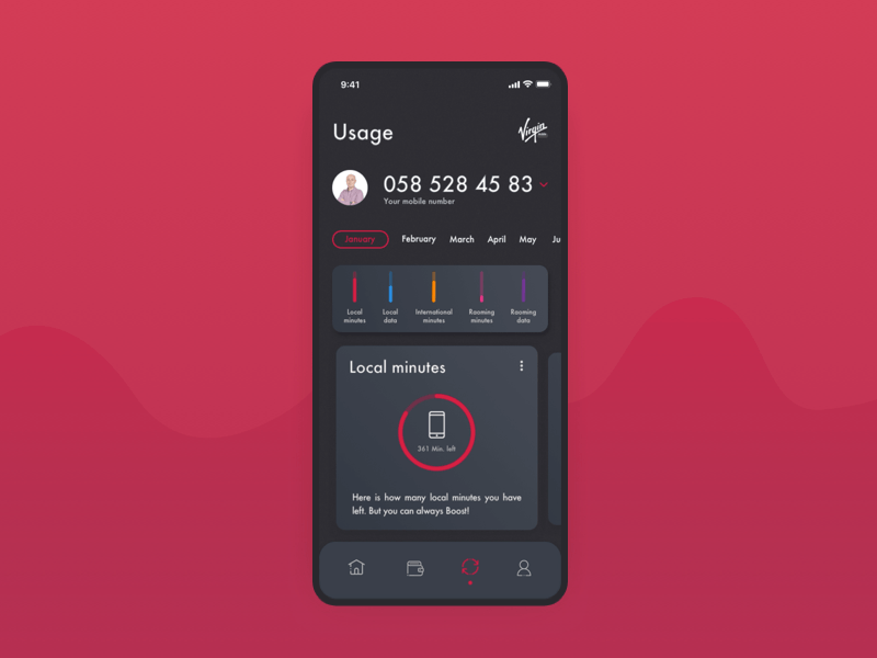 Virgin mobile app animation app branding chart clean colors dark ui dashboad data data visulization design minimal mobile mobile app product design product page ui uiux ux virgin