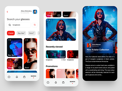 Mobile app glasses shop app apple clean colors debut fashion filters gallery glamour glass interface minimal mobile mobile app product design search sunglass ui ux white