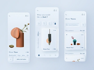 Skeuomorphism Interior Shop Mobile App Design app application branding cards clean decor ecommerce home interface lamps mobile mobile app navigator products sale skeuomorph skeuomorphic skeuomorphism vase white