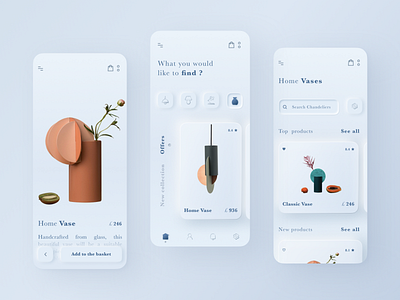 Skeuomorphism Interior Shop Mobile App Design app application branding cards clean decor ecommerce home interface lamps mobile mobile app navigator products sale skeuomorph skeuomorphic skeuomorphism vase white