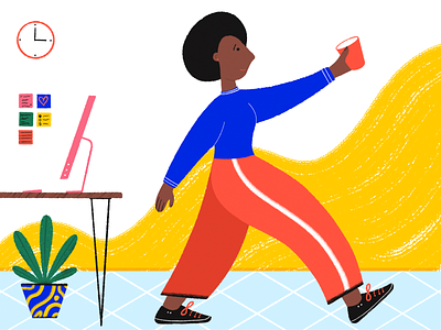 Work from home black character coffee computer cup girl home home office illustration imac office pause plant procreate rest time to do walk water work from home